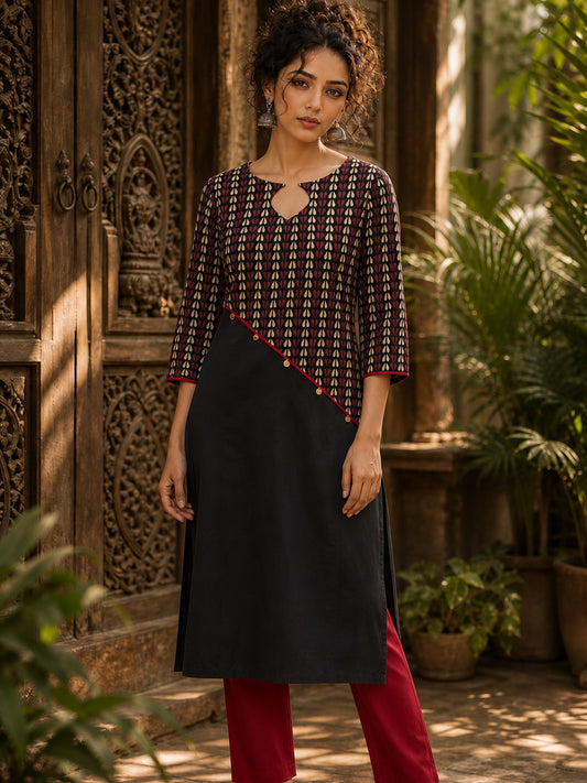 Black Cotton Kurta with Ajrakh Printed Asymmetrical Panel and Coin Detailing