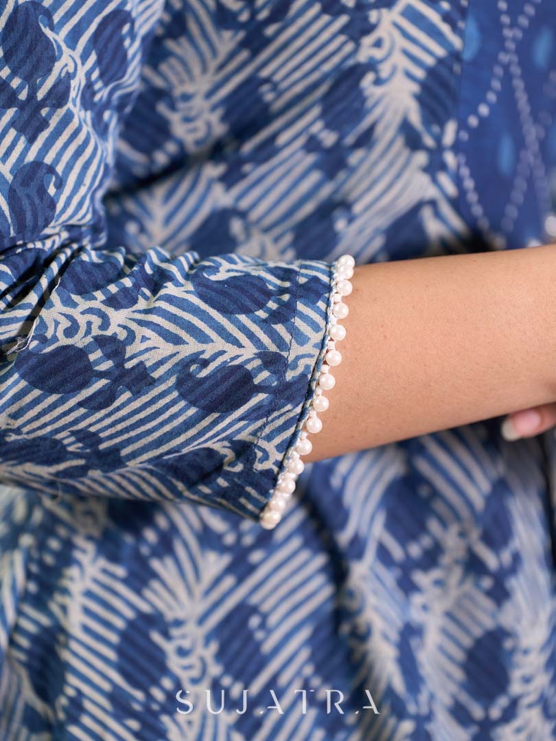 Indigo Printed Kurta with Statement Neck Patch, Flowing Gathers and Pearl Embellished Sleeves