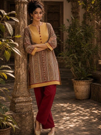 Mustard Geometric Print Short Kurta with Pin-Tucked Yoke & Contrast Maroon Button Detail
