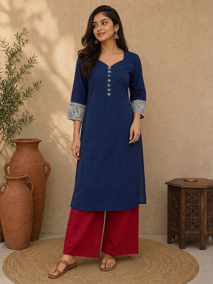 Classic Navy Straight Kurta Featuring Indigo Block Print Cuffs & Maroon Piping Detail