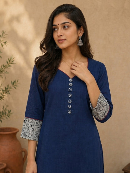 Classic Navy Straight Kurta Featuring Indigo Block Print Cuffs & Maroon Piping Detail