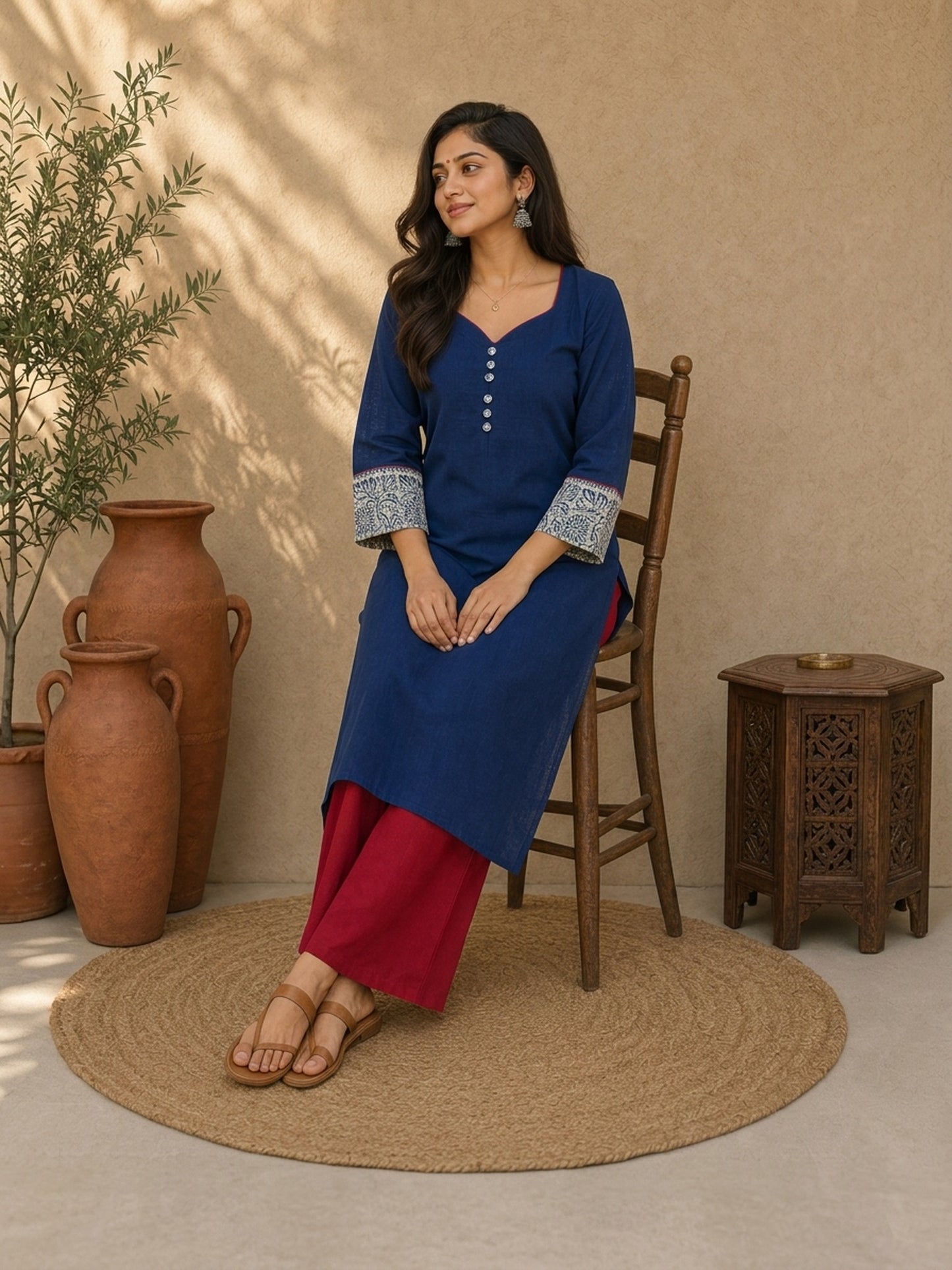 Classic Navy Straight Kurta Featuring Indigo Block Print Cuffs & Maroon Piping Detail