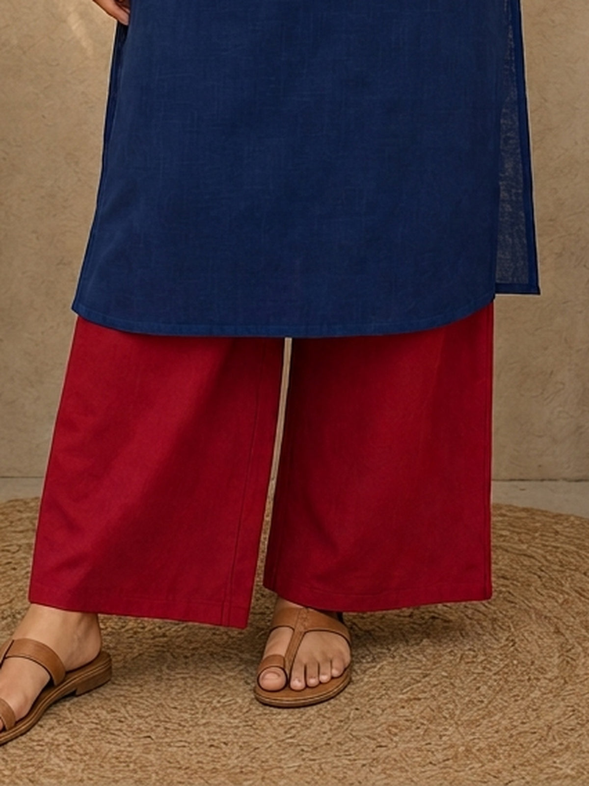Deep Maroon Solid Cotton Straight Pants