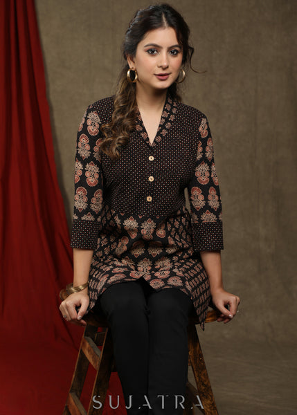 Exclusive black cotton ajrakh combination tunic with chelsea collar