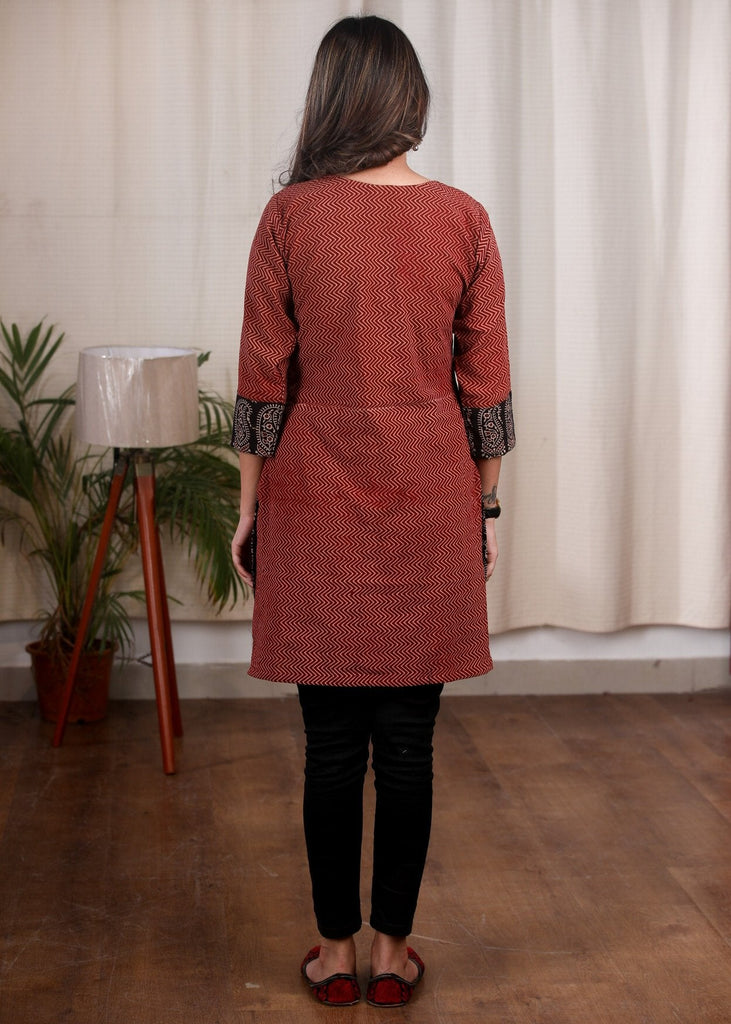 Exclusive Ajrakh paisley printed combination tunic