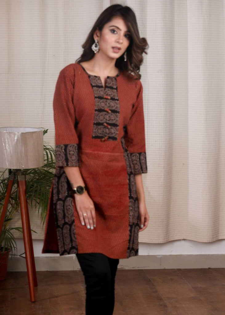 Exclusive Ajrakh paisley printed combination tunic