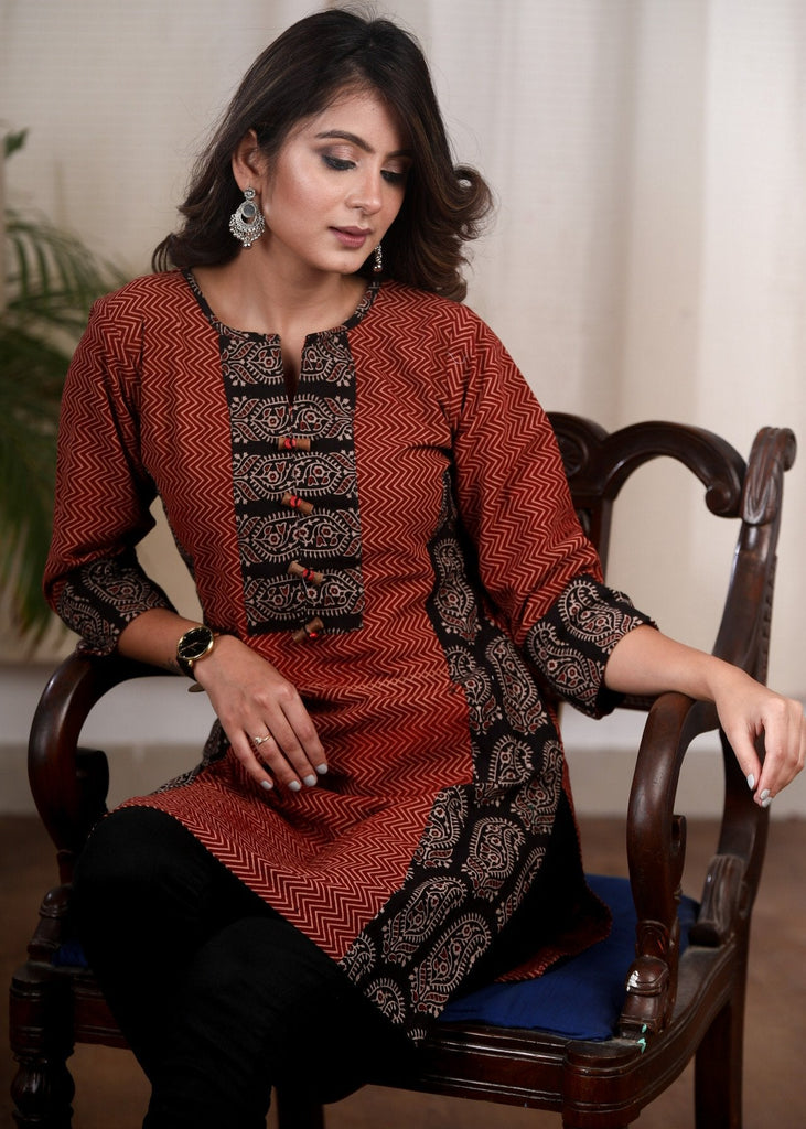 Exclusive Ajrakh paisley printed combination tunic
