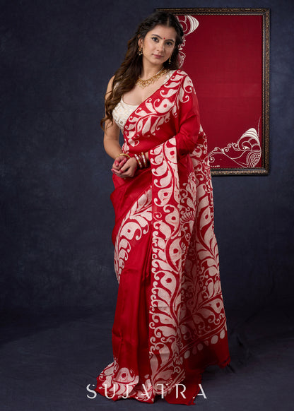 Classy Pure Silk Red saree with Hand Batik Alpana design