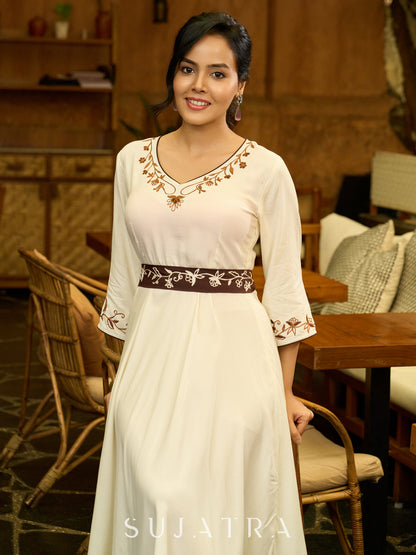 Radiant Ivory Embroidered Flare Dress with Statement Belt
