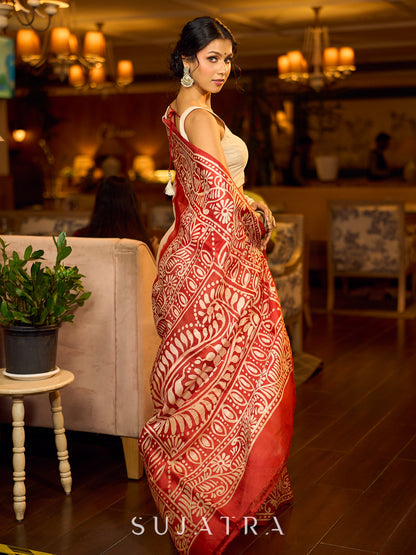 Handcrafted Ivory Pure Silk Saree with Red Kalamkari Print & Ombre Effect