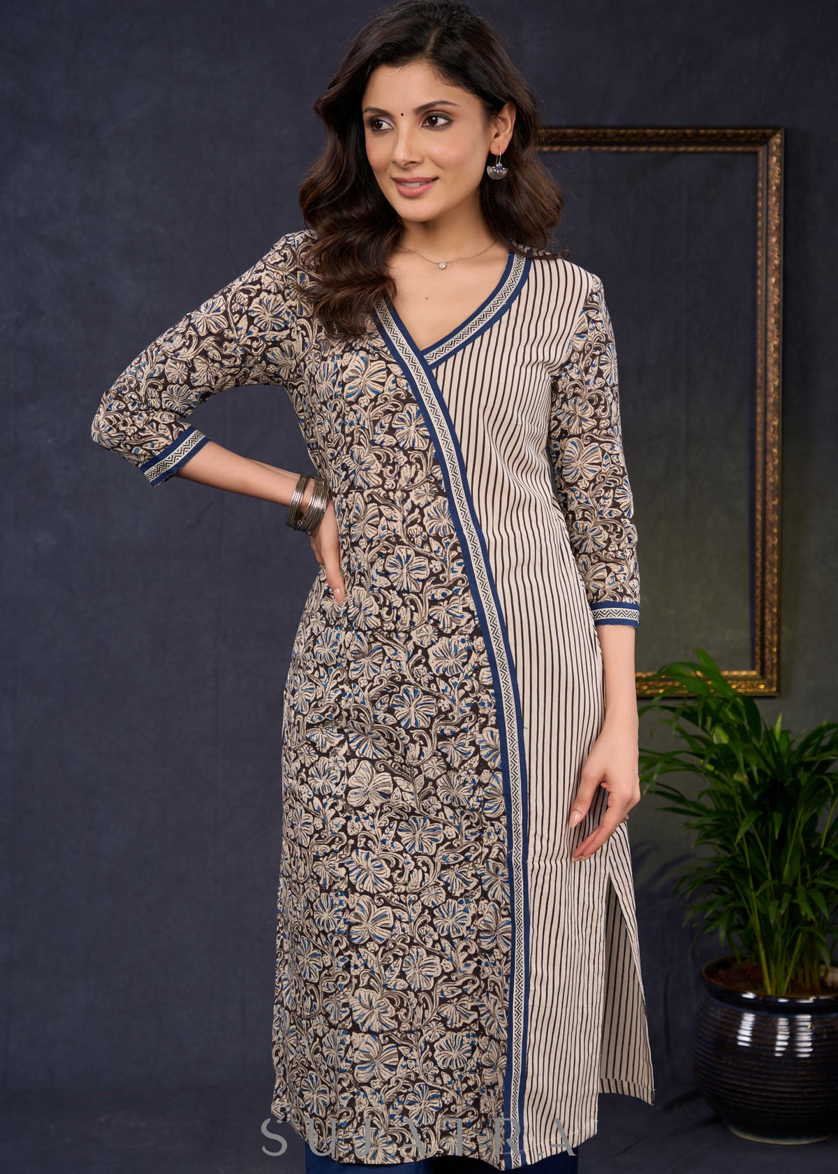 Dussehra Sale — Stylish-Cream-Cotton-Ajrakh-&-Kalamkari-Combination-Straight-Cut-Kurta--Pant-Optional