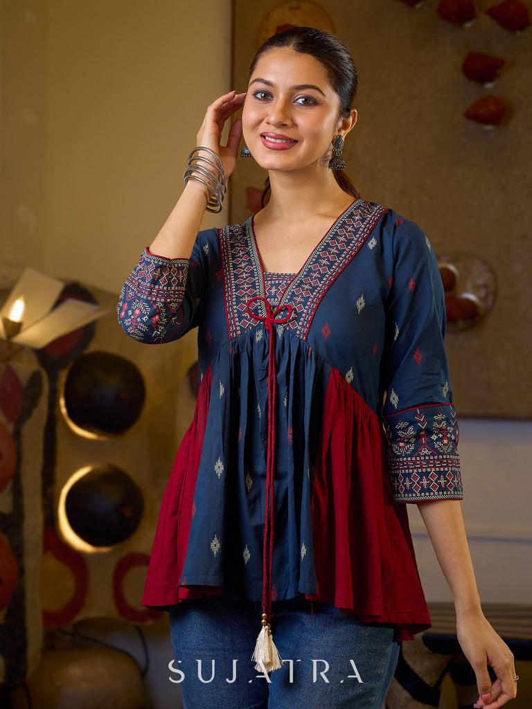 Indie Boho Printed Top with Blue & Maroon Gathered Detailing