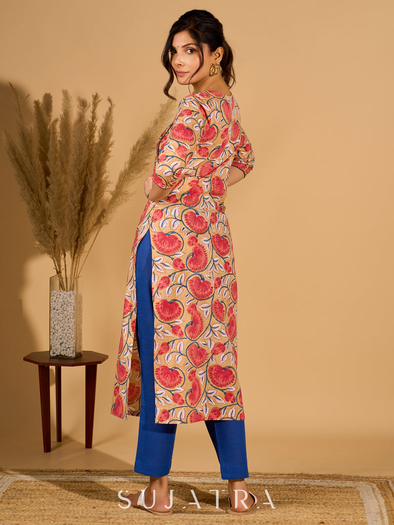 Classic Cream Mul Cotton Printed Kurta with Playful Tassels and Piping