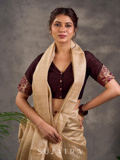 Dark Brown Cotton Silk Blouse with Short Sleeves, Benarasi Brocade Sleeve Panel and V Neckline