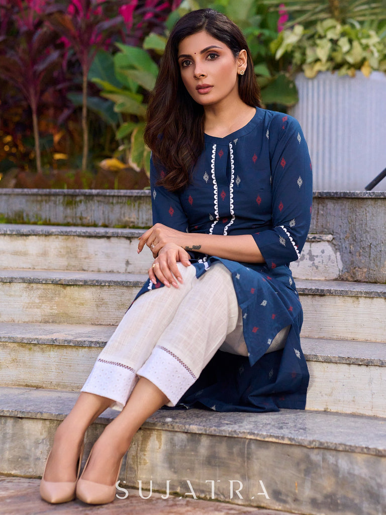 Blue printed cotton kurta enhanced with elegant and stylish lace - pant optional