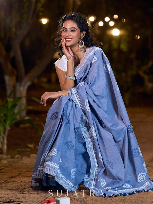 Graceful Slate Blue Cotton Saree with Delicate Floral Hand Block Print and Classic Border