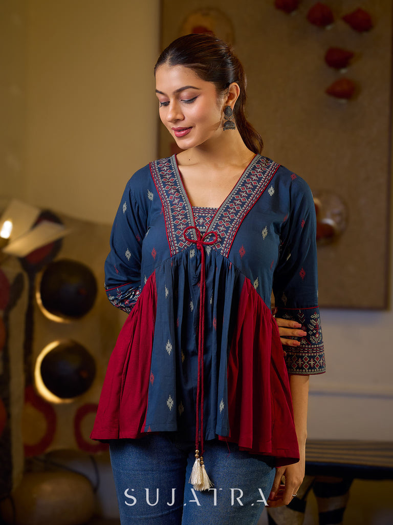 Indie Boho Printed Top with Blue & Maroon Gathered Detailing