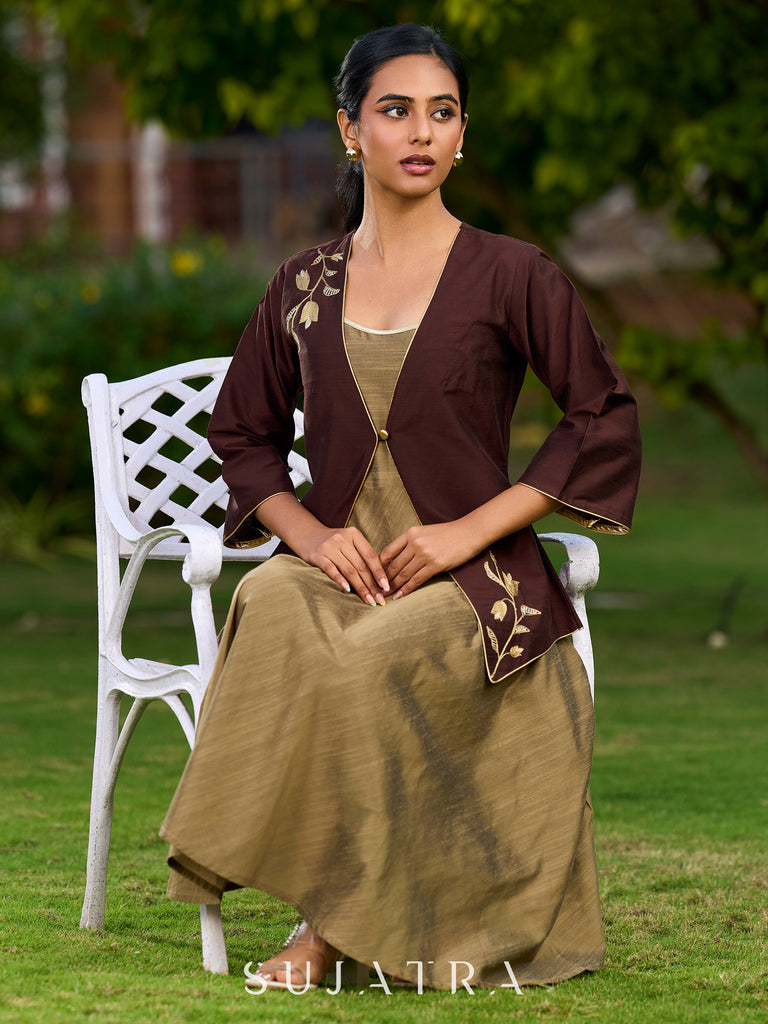 Dark Brown Silk Jacket Adorned With Exquisite Embroidery And Bell Sleeves Detailed With Shimmer Piping