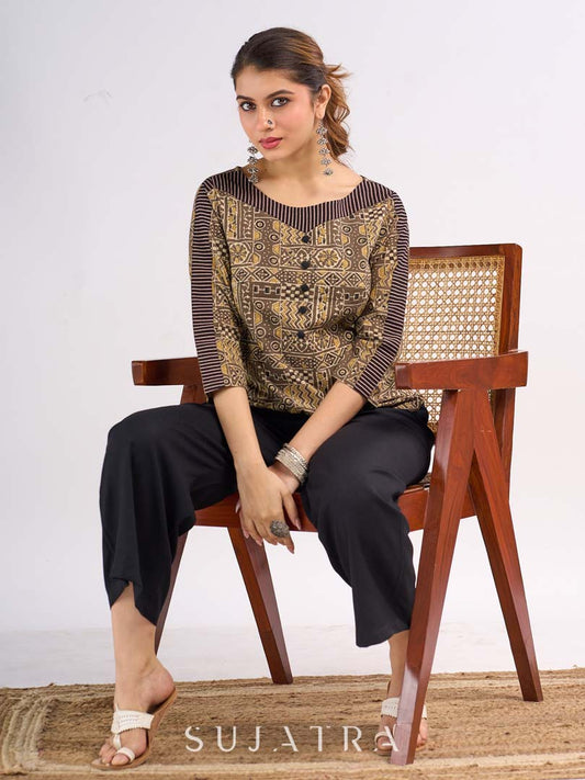 Beige Cotton Ajrakh Top with Contrast Black Stripe Detail on Sleeves and Neckline