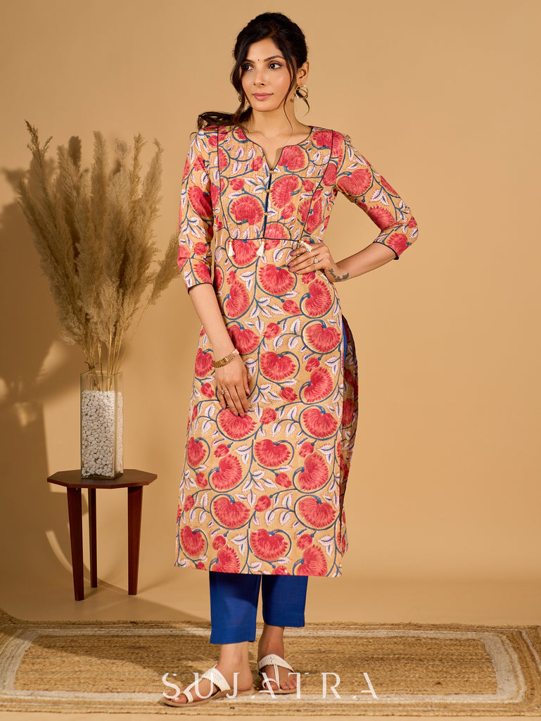 Classic Cream Mul Cotton Printed Kurta with Playful Tassels and Piping