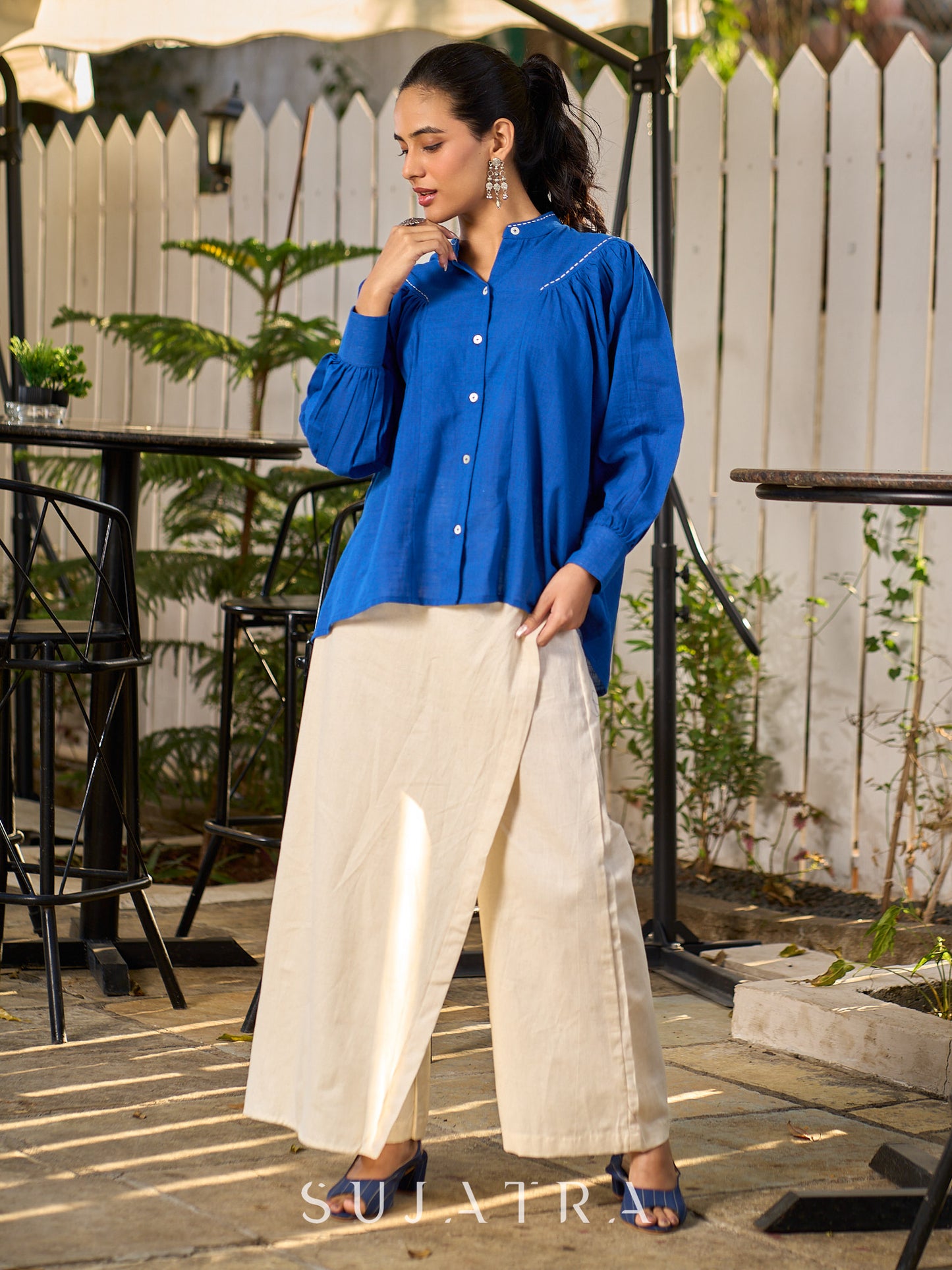 Elegant Blue Cotton Statement Shirt with Minimal Kantha Embroidery