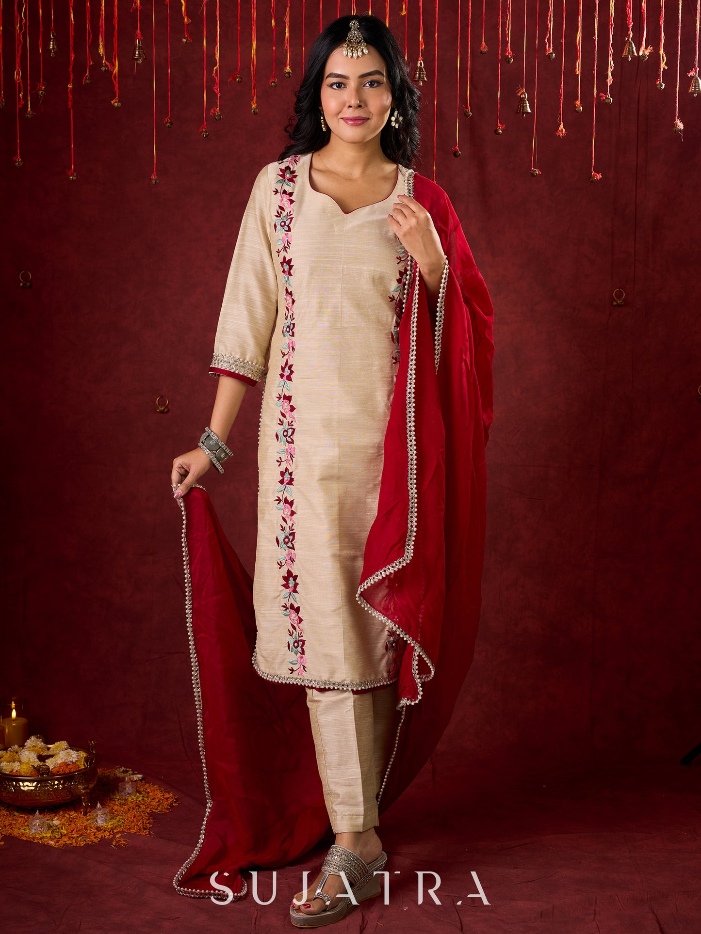 Maroon Organza dupatta