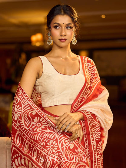 Handcrafted Ivory Pure Silk Saree with Red Kalamkari Print & Ombre Effect