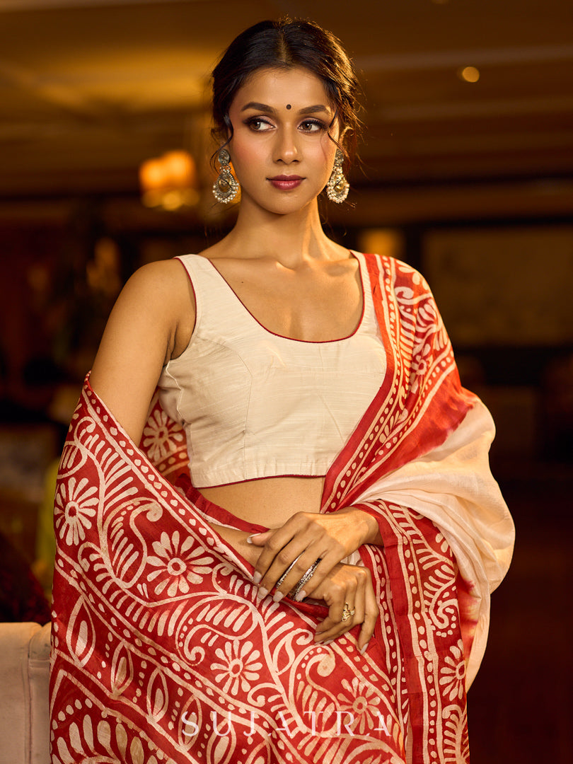 Handcrafted Ivory Pure Silk Saree with Red Kalamkari Print & Ombre Effect