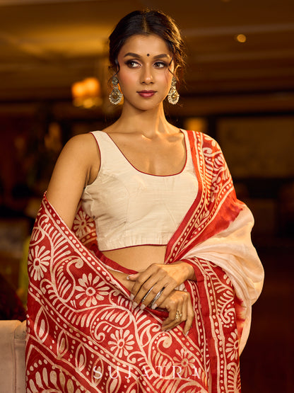 Handcrafted Ivory Pure Silk Saree with Red Kalamkari Print & Ombre Effect