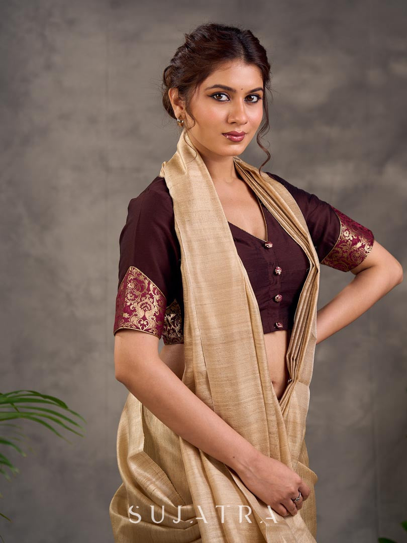 Dark Brown Cotton Silk Blouse with Short Sleeves, Benarasi Brocade Sleeve Panel and V Neckline