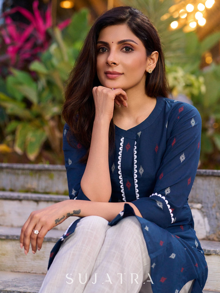 Blue printed cotton kurta enhanced with elegant and stylish lace - pant optional