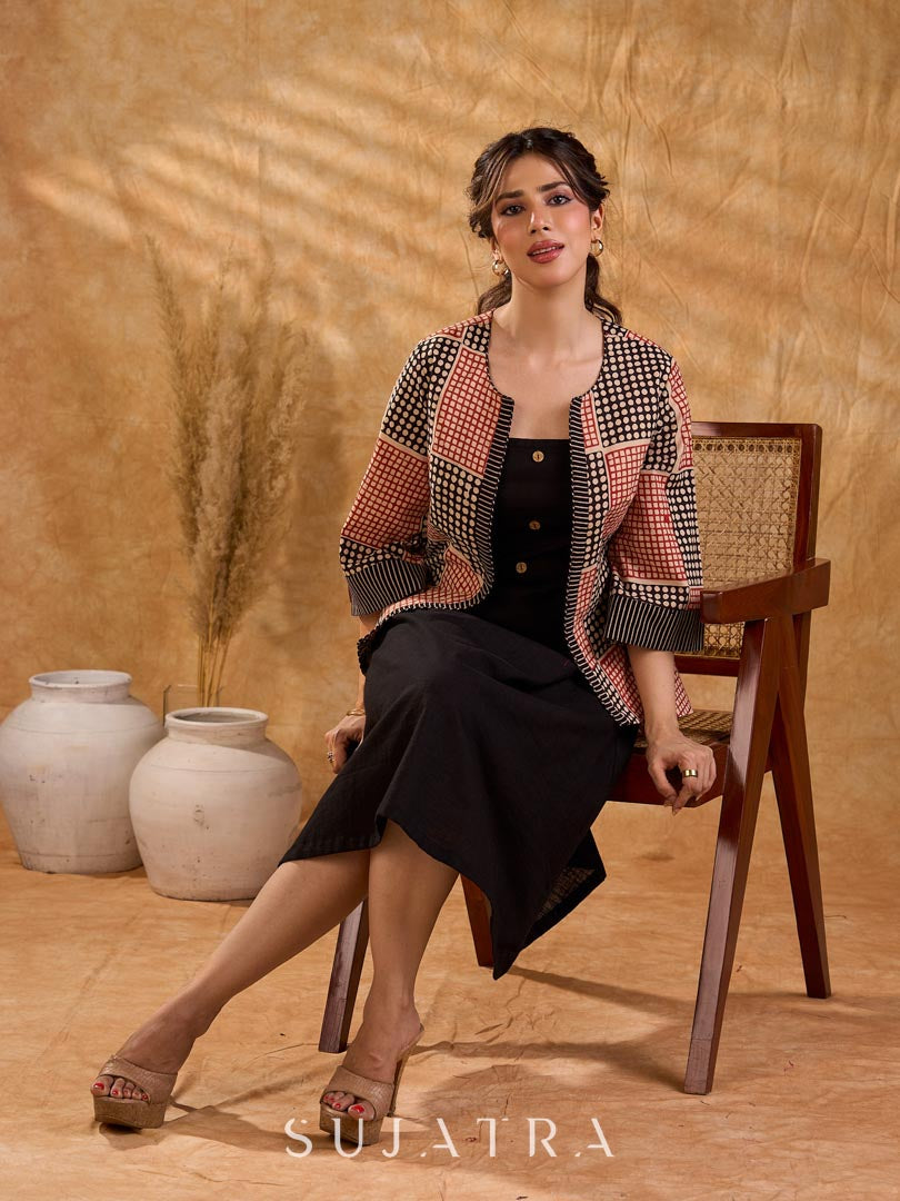 Terracotta Black Polka Geometric Print Cotton Short Jacket with Flared Bell Sleeves