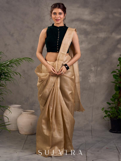 Handwoven Beige Pure Tussar Silk Saree