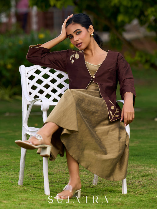 Dark Brown Cotton Silk Jacket Adorned With Exquisite Embroidery And Bell Sleeves Detailed With Shimmer Piping - Dress Optional
