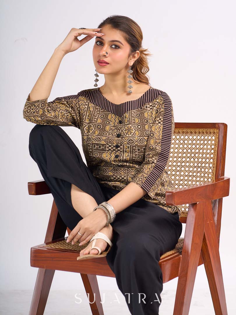 Beige Cotton Ajrakh Top with Contrast Black Stripe Detail on Sleeves and Neckline