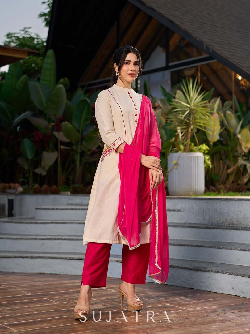 Elegant Chiffon Dark Pink Dupatta with Delicate Pearl & Mirror Work Lace Embellishment