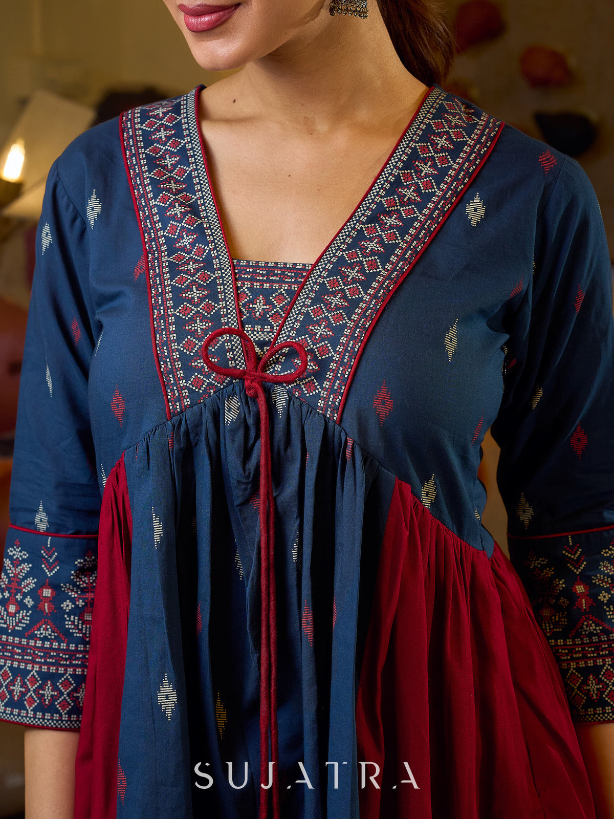 Dussehra Sale — Indie Boho Printed Top with Blue & Maroon Gathered Detailing