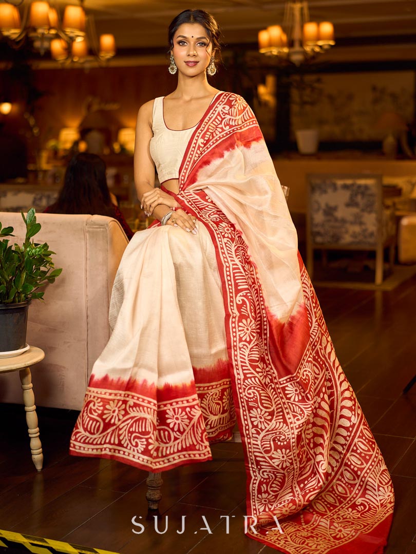 Handcrafted Ivory Pure Silk Saree with Red Kalamkari Print & Ombre Effect