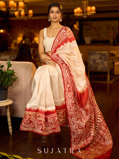 Handcrafted Ivory Pure Silk Saree with Red Kalamkari Print & Ombre Effect