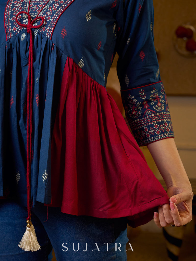 Indie Boho Printed Top with Blue & Maroon Gathered Detailing