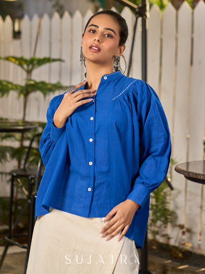 Elegant Blue Cotton Statement Shirt with Minimal Kantha Embroidery