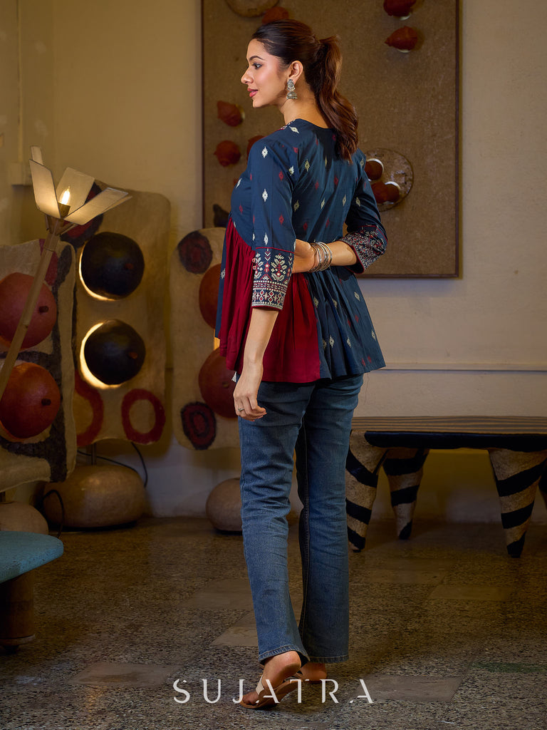 Indie Boho Printed Top with Blue & Maroon Gathered Detailing