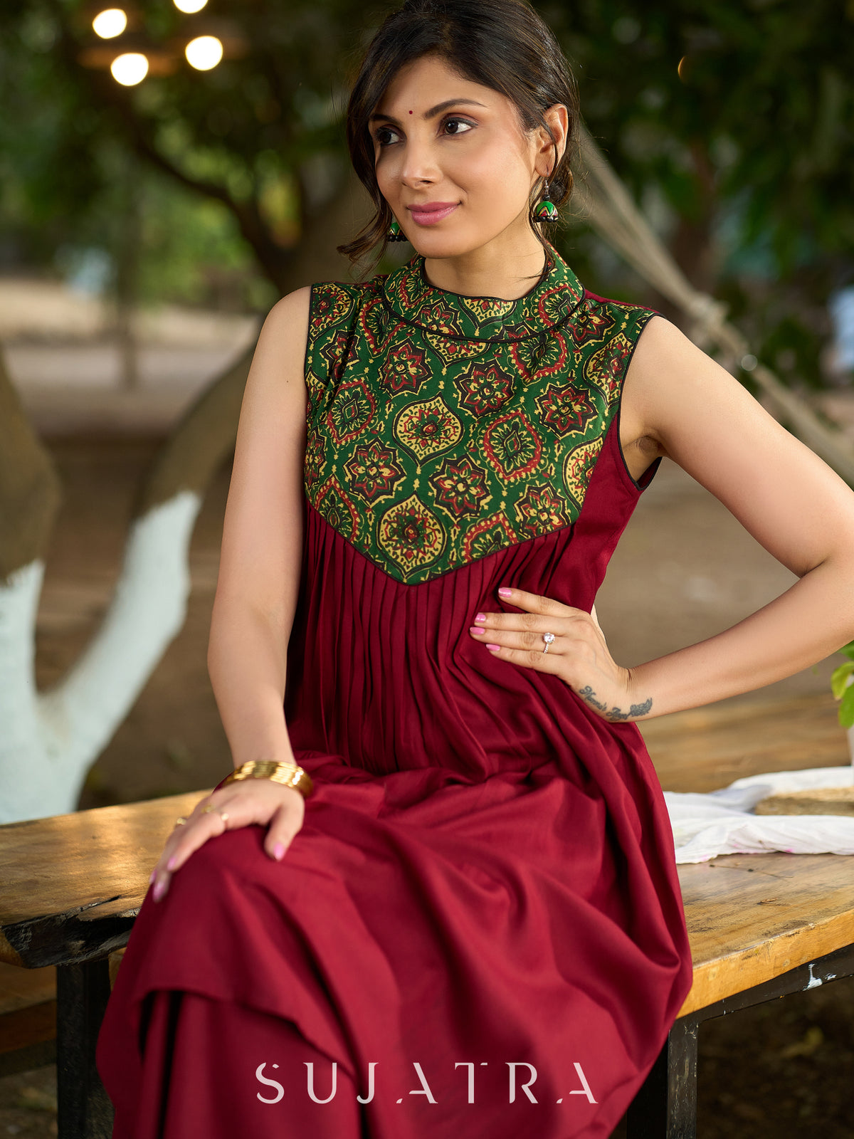 Maroon Halter Neck Kurta with Structured Pleats and Ajrakh Yoke - Pant Optional