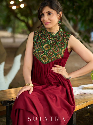 Maroon Halter Neck Kurta with Structured Pleats and Ajrakh Yoke