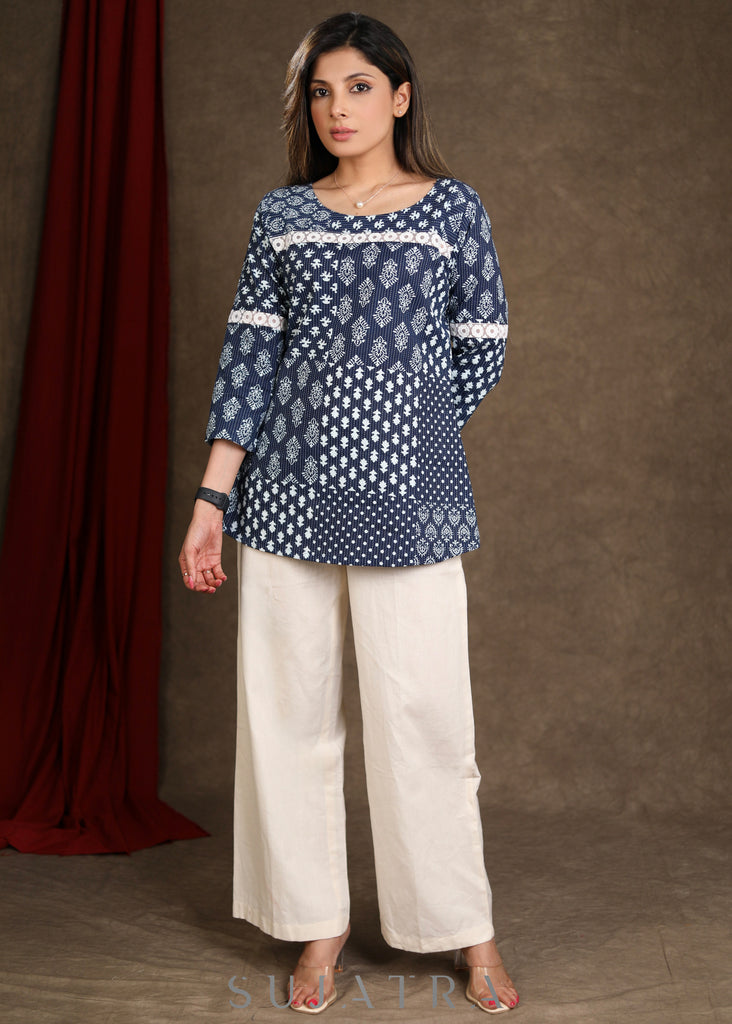 Smart Cotton Indigo Printed Top with White Lace