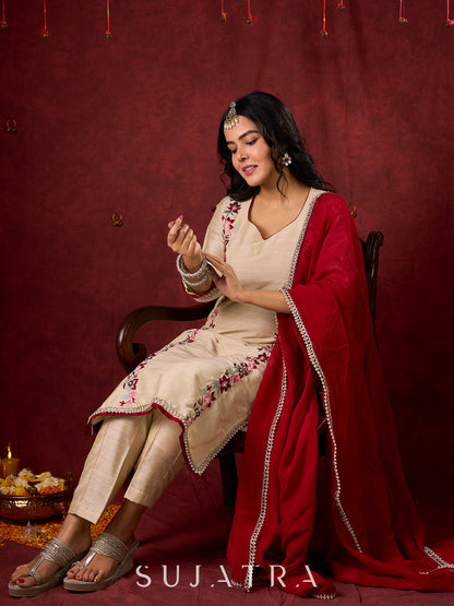 Ivory Cotton Silk Kurta with Floral Embroidery & Pearl Lace Accents
