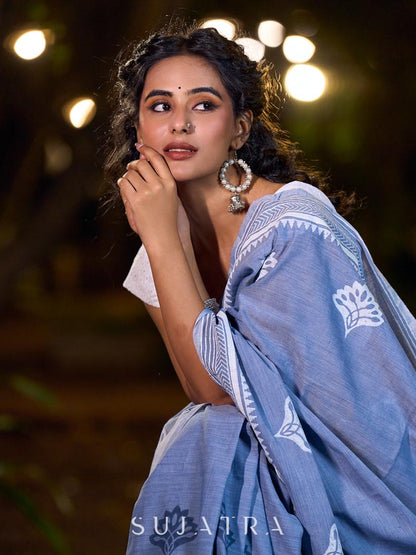 Graceful Slate Blue Cotton Saree with Delicate Floral Hand Block Print and Classic Border