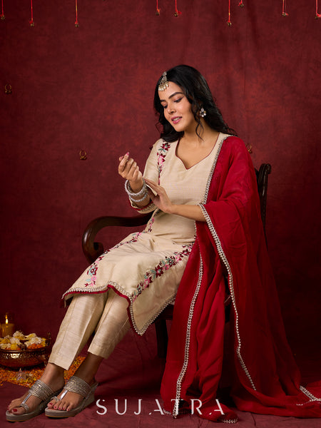 Ivory Cotton Silk Kurta with Floral Embroidery & Pearl Lace Accents