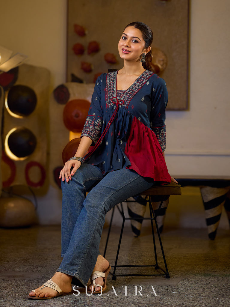 Indie Boho Printed Top with Blue & Maroon Gathered Detailing