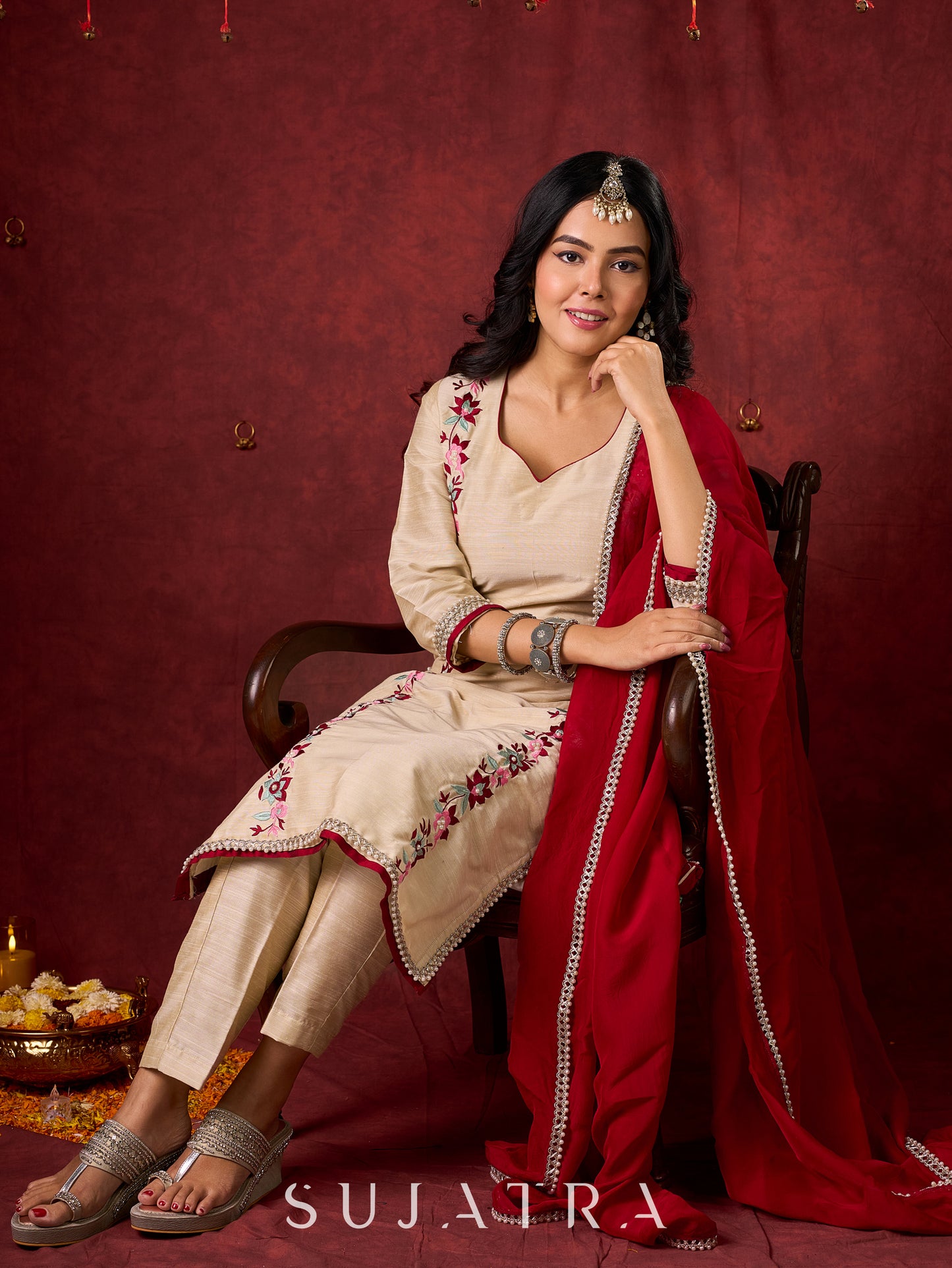 Maroon Organza dupatta